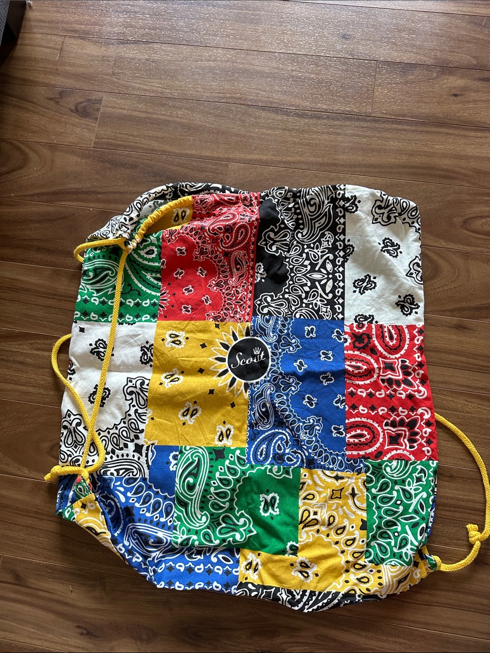 Scout Patchwork Bandana Drawstring Bag in Red, Blue, Green, Yellow, Black, White